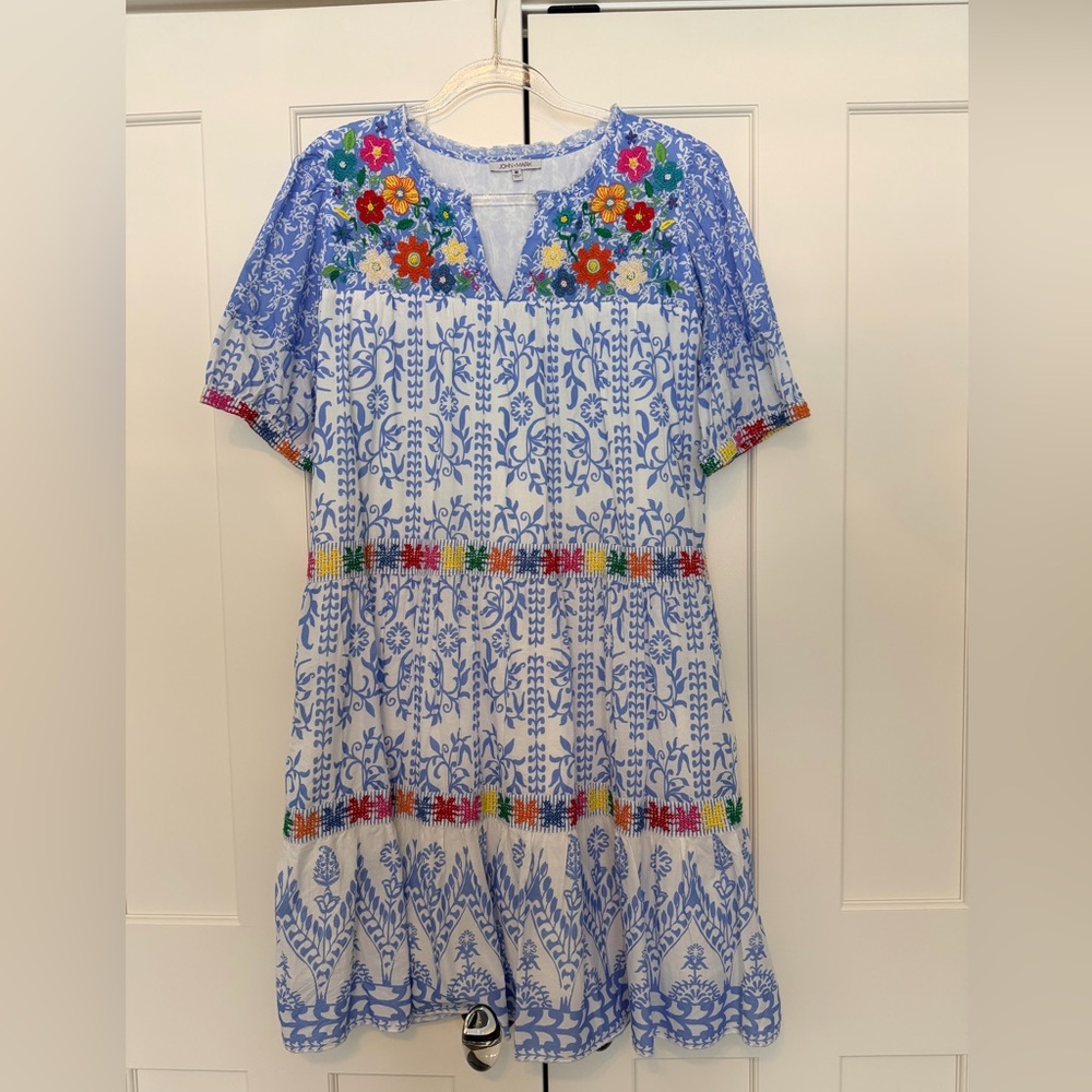 John Mark Blue and White Dress with Vibrant Floral Embroidery